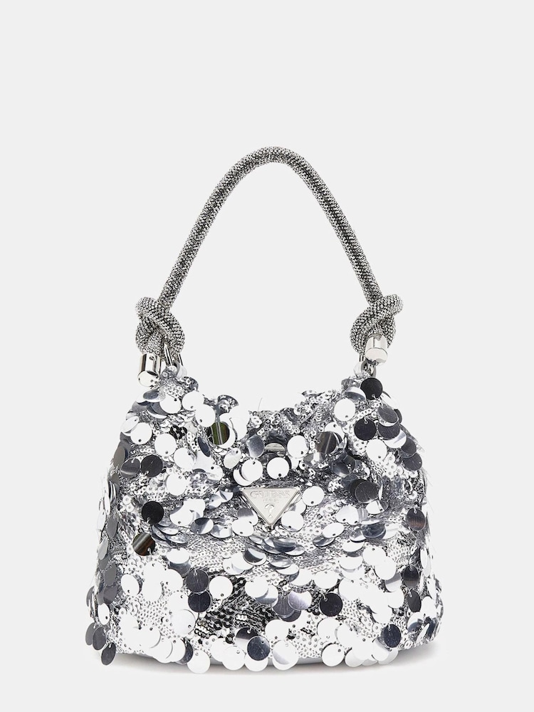 Guess Silver Sequin Top Handle Pouch Bag - Imagen 1 de 4