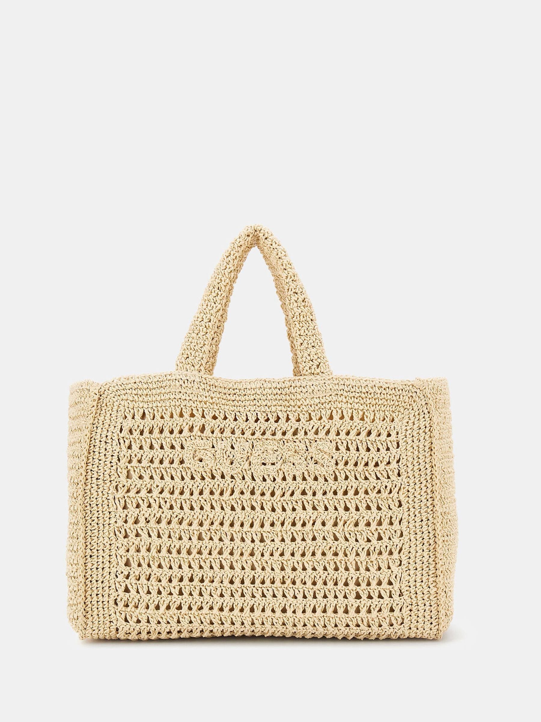 Guess Natural Crochet Embroidered Logo Beach Tote Bag