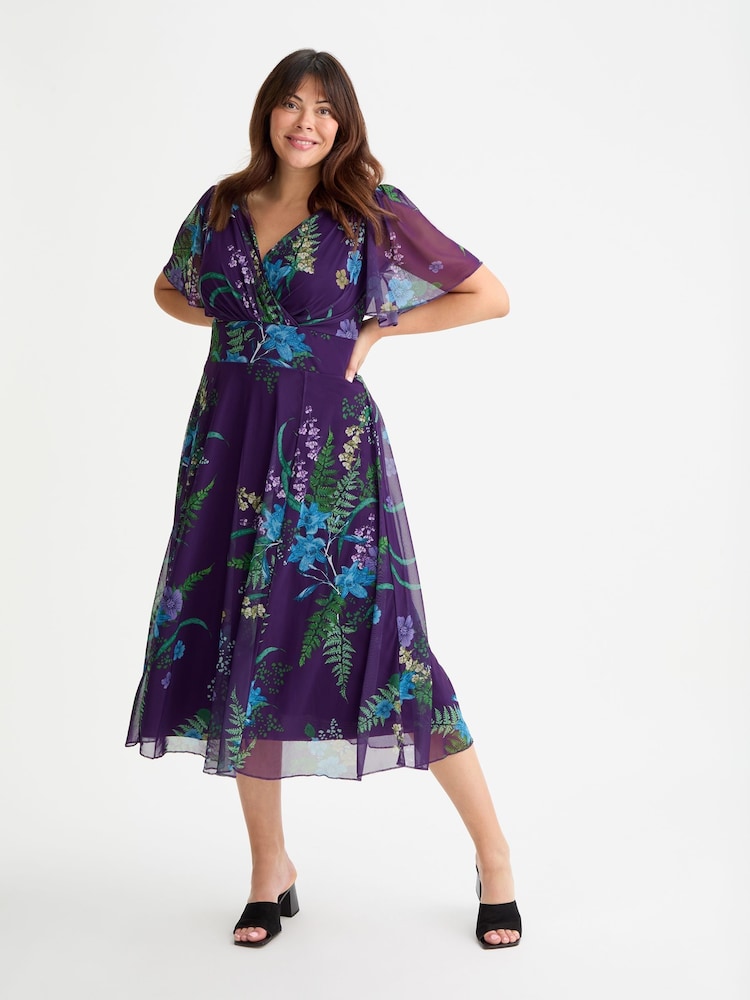 Scarlett & Jo Purple Victoria Angel Sleeve Mesh Midi long Dress - Image 1 of 4