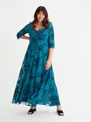 Scarlett & Jo Blue Elizabeth Velvet Flocked Mesh Maxi Gown - Image 1 of 4
