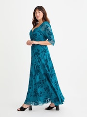 Scarlett & Jo Blue Elizabeth Velvet Flocked Mesh Maxi Gown - Image 3 of 4