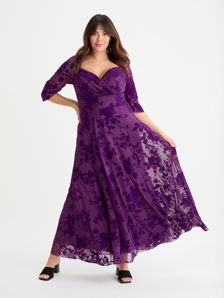 Scarlett & Jo Purple Elizabeth Velvet Flocked Mesh Maxi Gown - Image 1 of 4