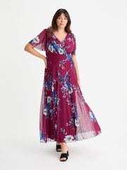Scarlett & Jo Wine Isabelle Winter Print Float Sleeve Maxi Dress - Image 1 of 4