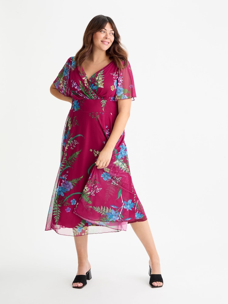 Scarlett & Jo Wine Victoria Angel Sleeve Mesh Midi long Dress - Image 1 of 4