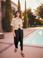 Noir - Tie Waist Barrel Leg Linen Blend Trousers - Image 1 of 6