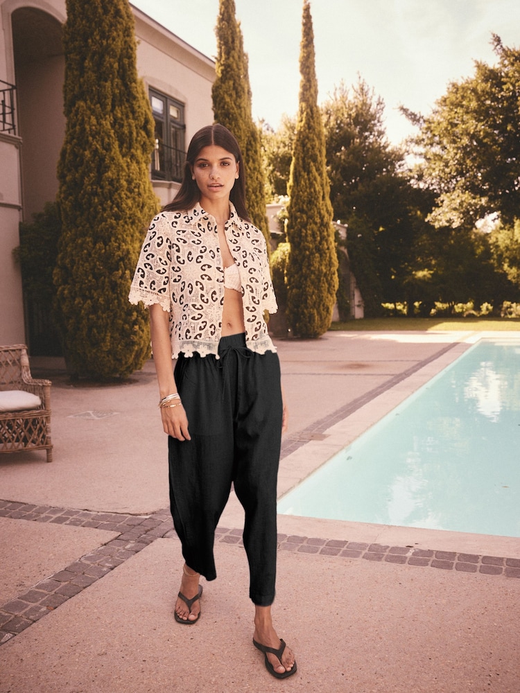 Noir - Tie Waist Barrel Leg Linen Blend Trousers - Image 1 of 6