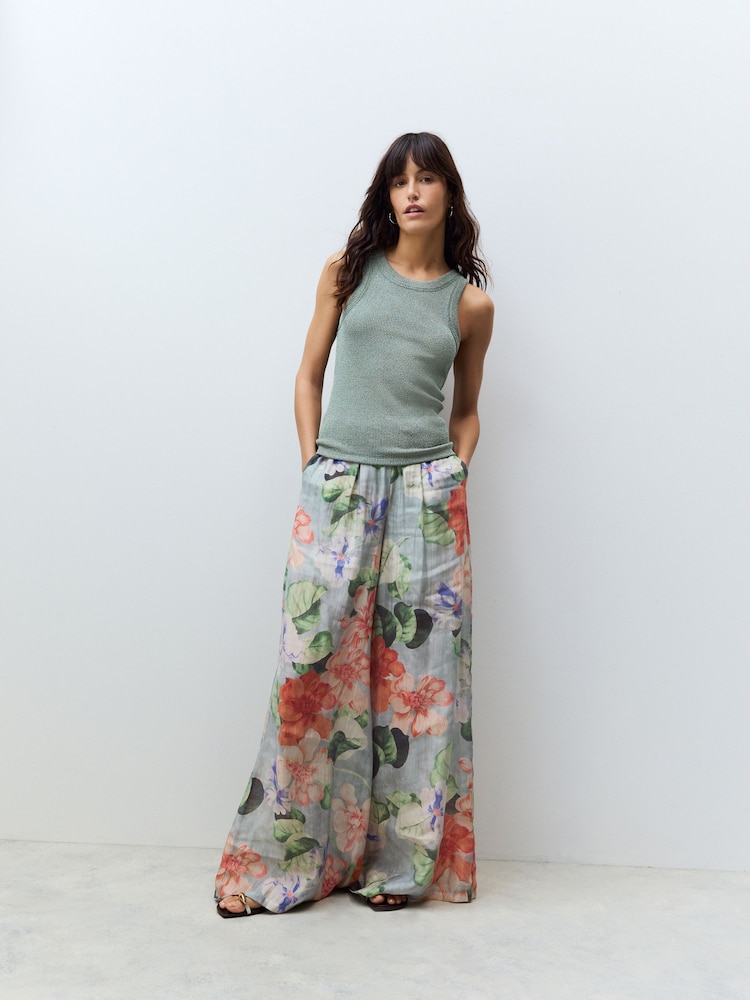 Blue/Green Floral Premium Super Wide Sheer Printed Trousers - Image 1 of 8