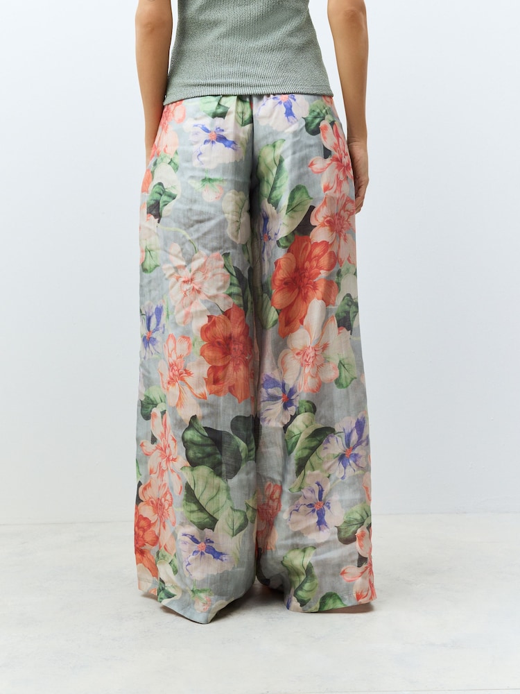 Blue/Green Floral Premium Super Wide Sheer Printed Trousers - Image 4 of 8