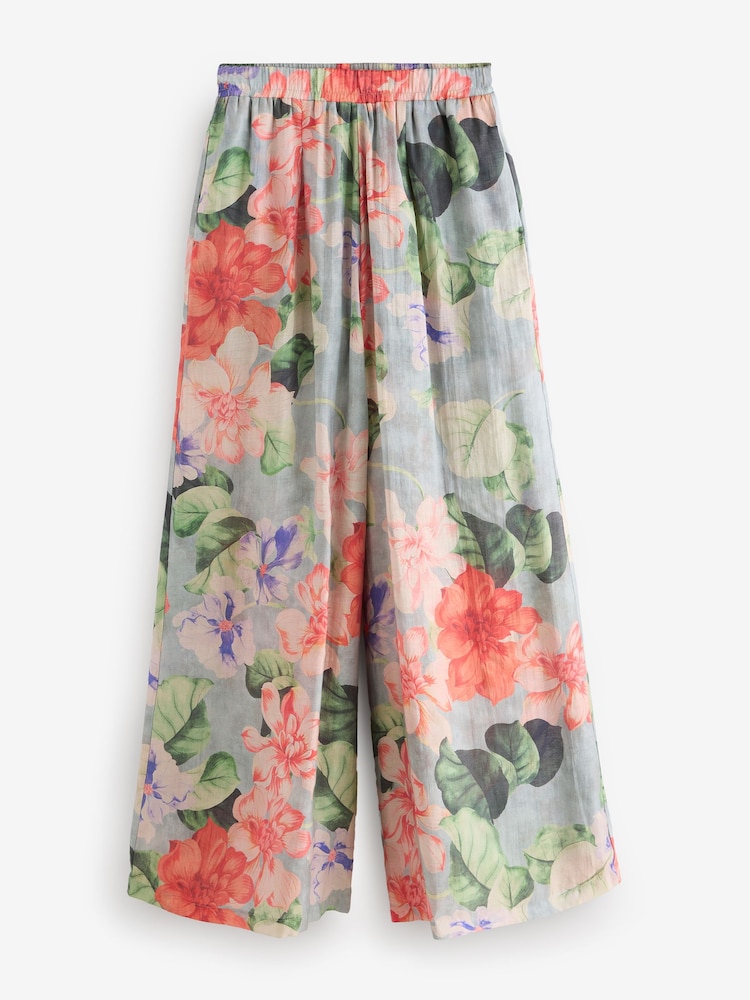 Blue/Green Floral Premium Super Wide Sheer Printed Trousers - Image 6 of 8