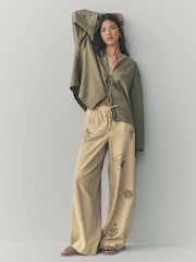 Sage Green Embroidered Stripe Tie Waist Trousers with Linen - Image 1 of 7