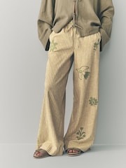 Sage Green Embroidered Stripe Tie Waist Trousers with Linen - Image 2 of 7