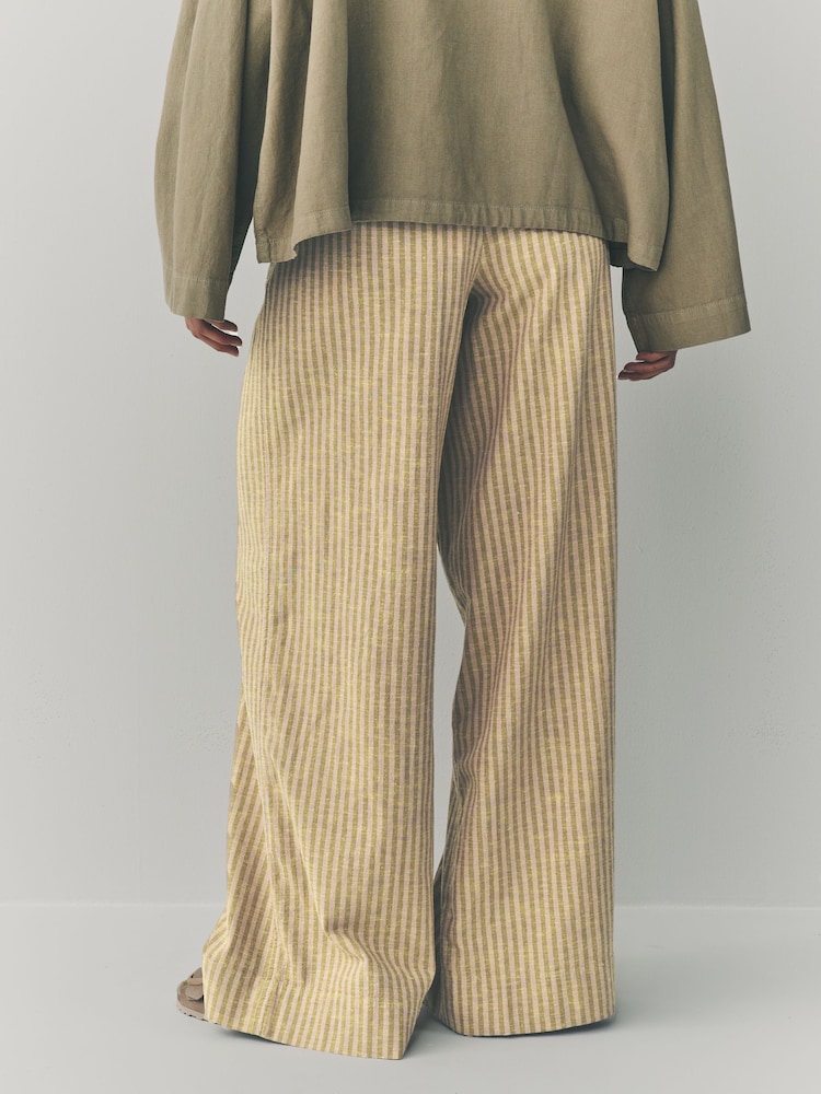Sage Green Embroidered Stripe Tie Waist Trousers with Linen - Image 3 of 7