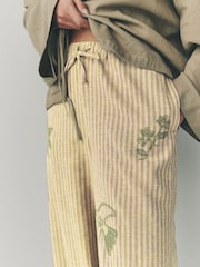 Sage Green Embroidered Stripe Tie Waist Trousers with Linen - Image 4 of 7
