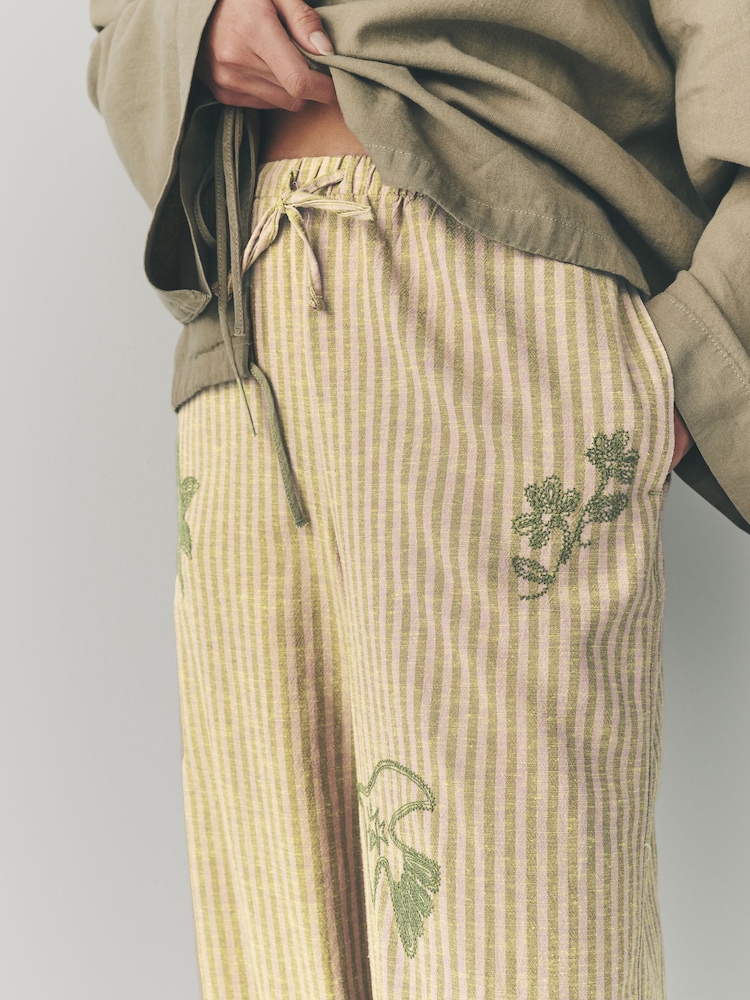 Sage Green Embroidered Stripe Tie Waist Trousers with Linen - Image 4 of 7