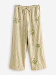 Sage Green Embroidered Stripe Tie Waist Trousers with Linen - Image 5 of 7
