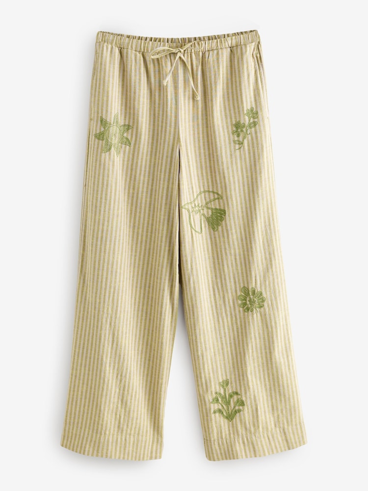 Sage Green Embroidered Stripe Tie Waist Trousers with Linen - Image 5 of 7