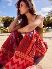 Red/Pink Print Wide Leg Trousers with Linen - Image 1 of 7