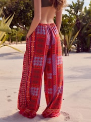 Red/Pink Print Wide Leg Trousers with Linen - Image 3 of 7