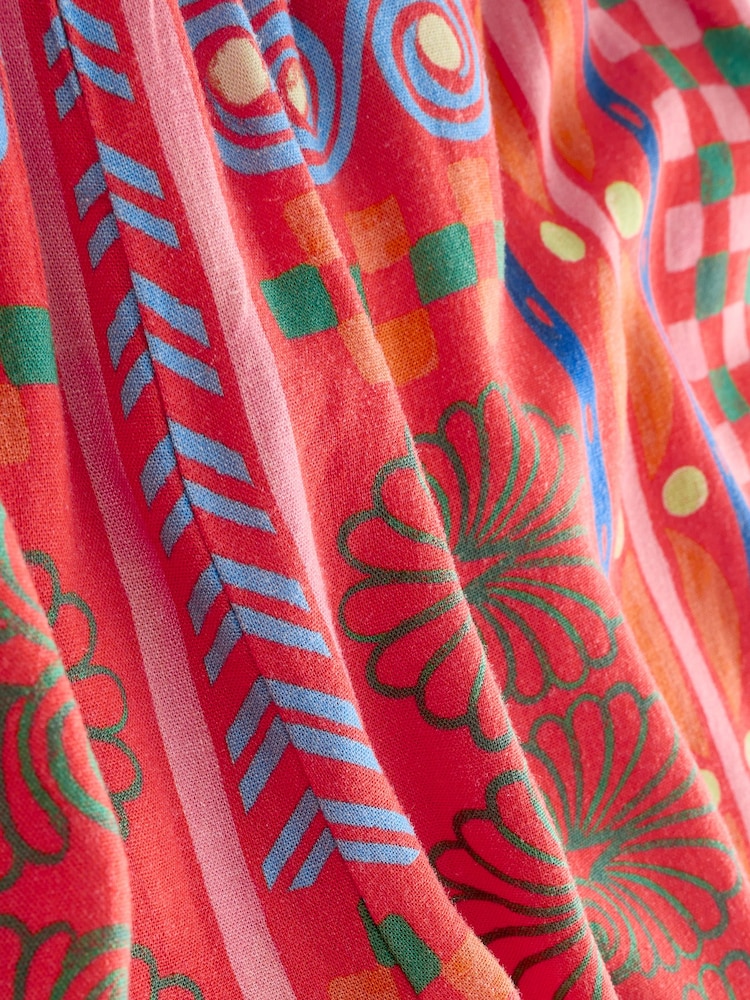 Red/Pink Print Wide Leg Trousers with Linen - Image 7 of 7
