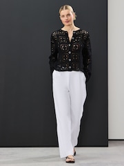 White Stay Smart Wide Leg Linen Rich Trousers - Image 2 of 7