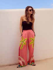 Pink Wide Leg Elastic Waist Trousers with Linen - Image 1 of 8