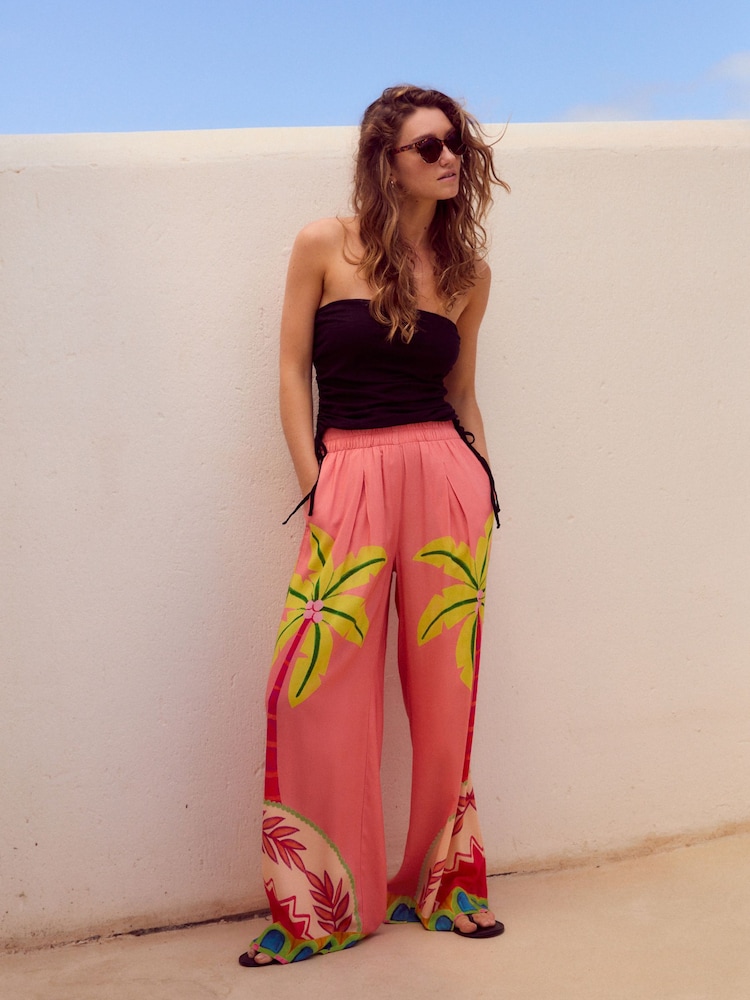 Pink Wide Leg Elastic Waist Trousers with Linen - Image 1 of 8