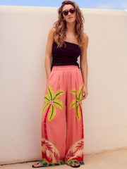 Pink Wide Leg Elastic Waist Trousers with Linen - Image 2 of 8