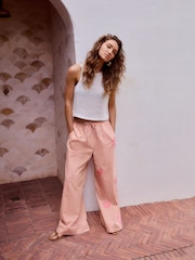 Pink Embroidered Stripe Tie Waist Trousers with Linen - Image 2 of 8