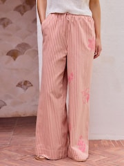 Pink Embroidered Stripe Tie Waist Trousers with Linen - Image 3 of 8