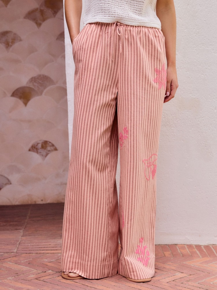 Pink Embroidered Stripe Tie Waist Trousers with Linen - Image 3 of 8