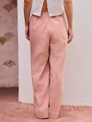 Pink Embroidered Stripe Tie Waist Trousers with Linen - Image 4 of 8