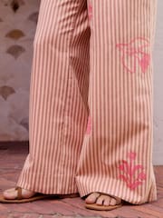 Pink Embroidered Stripe Tie Waist Trousers with Linen - Image 5 of 8