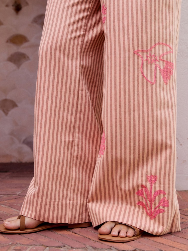 Pink Embroidered Stripe Tie Waist Trousers with Linen - Image 5 of 8