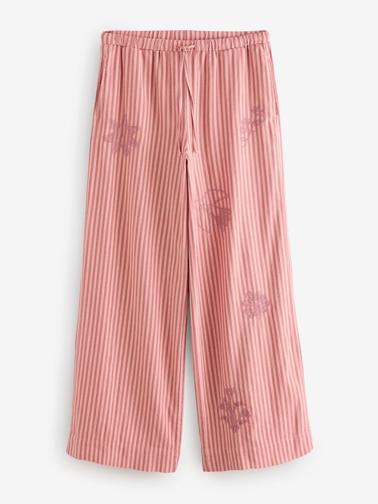 Pink Embroidered Stripe Tie Waist Trousers with Linen - Image 6 of 8