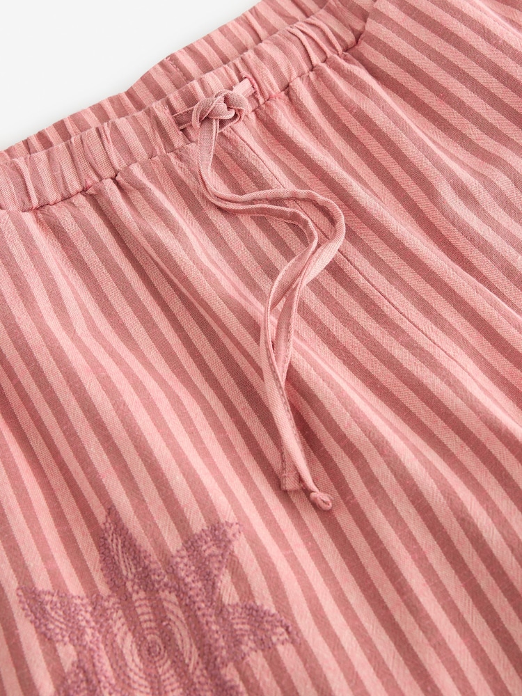 Pink Embroidered Stripe Tie Waist Trousers with Linen - Image 8 of 8