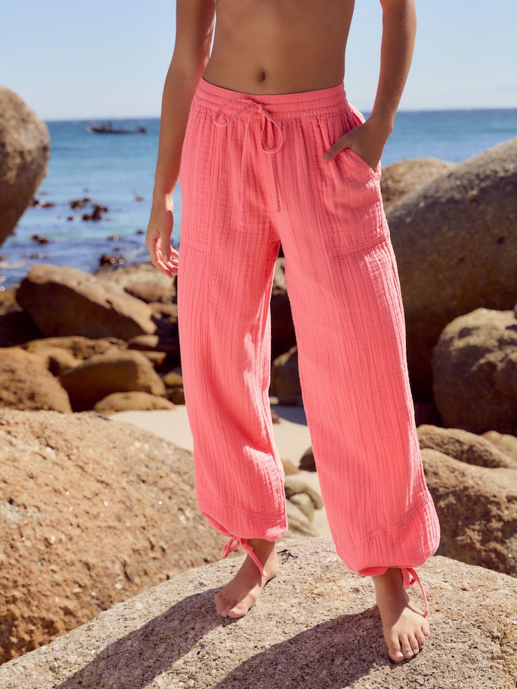 Pink 100% Cotton Double Cloth Pull On Harem Trousers - Image 2 of 7