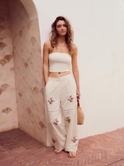 White Embroidered Wide Leg Trousers With Linen - Image 1 of 8