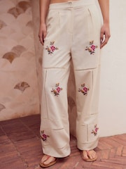 White Embroidered Wide Leg Trousers With Linen - Image 3 of 8