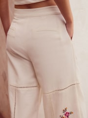 White Embroidered Wide Leg Trousers With Linen - Image 5 of 8