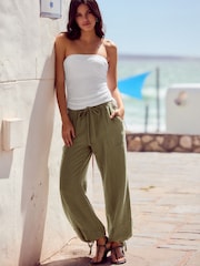 Khaki Green 100% Cotton Double Cloth Pull On Harem Trousers - Image 1 of 6