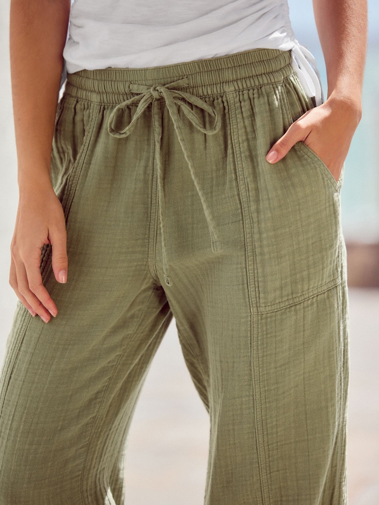 Khaki Green 100% Cotton Double Cloth Pull On Harem Trousers - Image 3 of 6