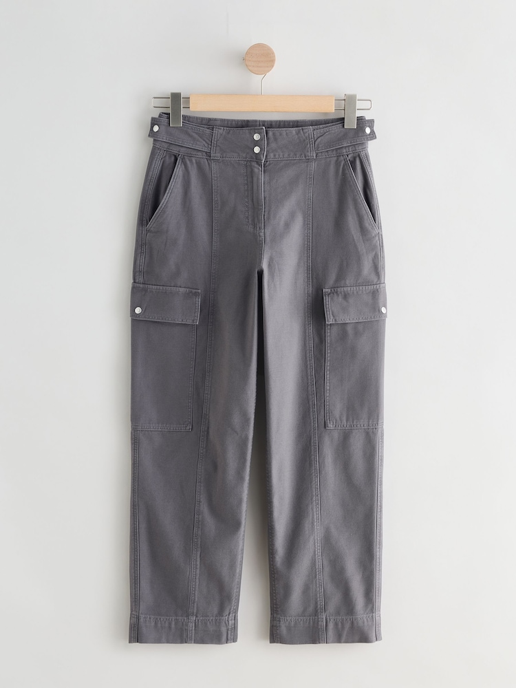 Charcoal Grey 100% Cotton Cargo Barrel Leg Trousers - Image 6 of 9