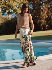Neutral Palm Print 100% Cotton Tie Waist Embroidered Wide Leg Trousers - Image 2 of 8
