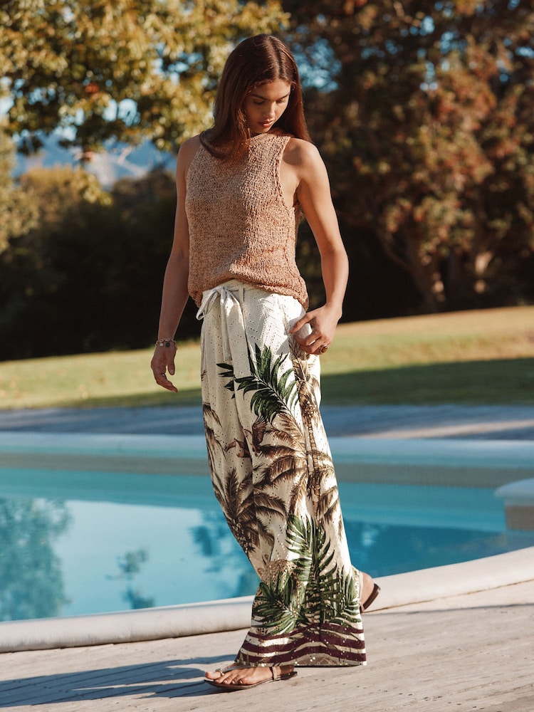 Neutral Palm Print 100% Cotton Tie Waist Embroidered Wide Leg Trousers - Image 2 of 8