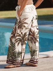 Neutral Palm Print 100% Cotton Tie Waist Embroidered Wide Leg Trousers - Image 3 of 8