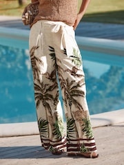 Neutral Palm Print 100% Cotton Tie Waist Embroidered Wide Leg Trousers - Image 4 of 8
