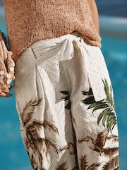 Neutral Palm Print 100% Cotton Tie Waist Embroidered Wide Leg Trousers - Image 5 of 8