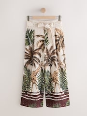 Neutral Palm Print 100% Cotton Tie Waist Embroidered Wide Leg Trousers - Image 6 of 8