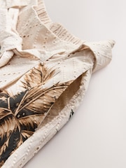 Neutral Palm Print 100% Cotton Tie Waist Embroidered Wide Leg Trousers - Image 8 of 8