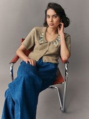 Green Sage Floral Embroidered Short Sleeve Collared Cardigan - Image 1 of 8